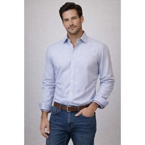 Bugatchi Uomo Men's Shaped Fit Dress Shirt Blue White Pattern Long Sleeve Large